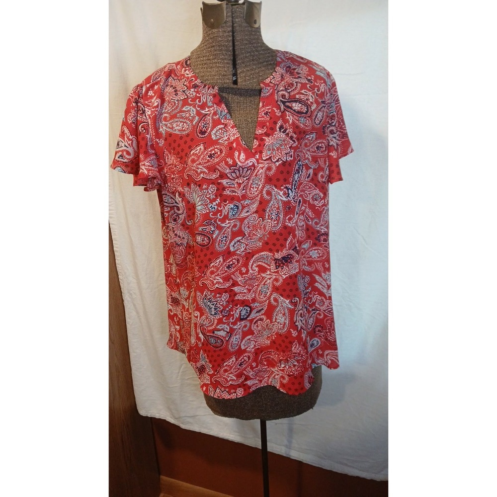 Maurices Womens Medium Red Paisley Split V-Neck Flutter Sleeve Light Top